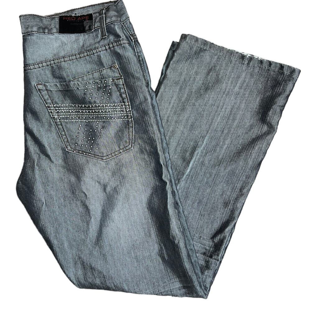 Cyber Y2K Gray 00s Jeans Stuudded Pocket Red Ape Cyber Grunge Size 38